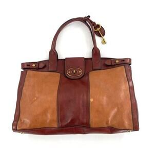 Fossil Vintage Revival Satchel‎ Brown Two Toned Leather Satchel Handbag Purse